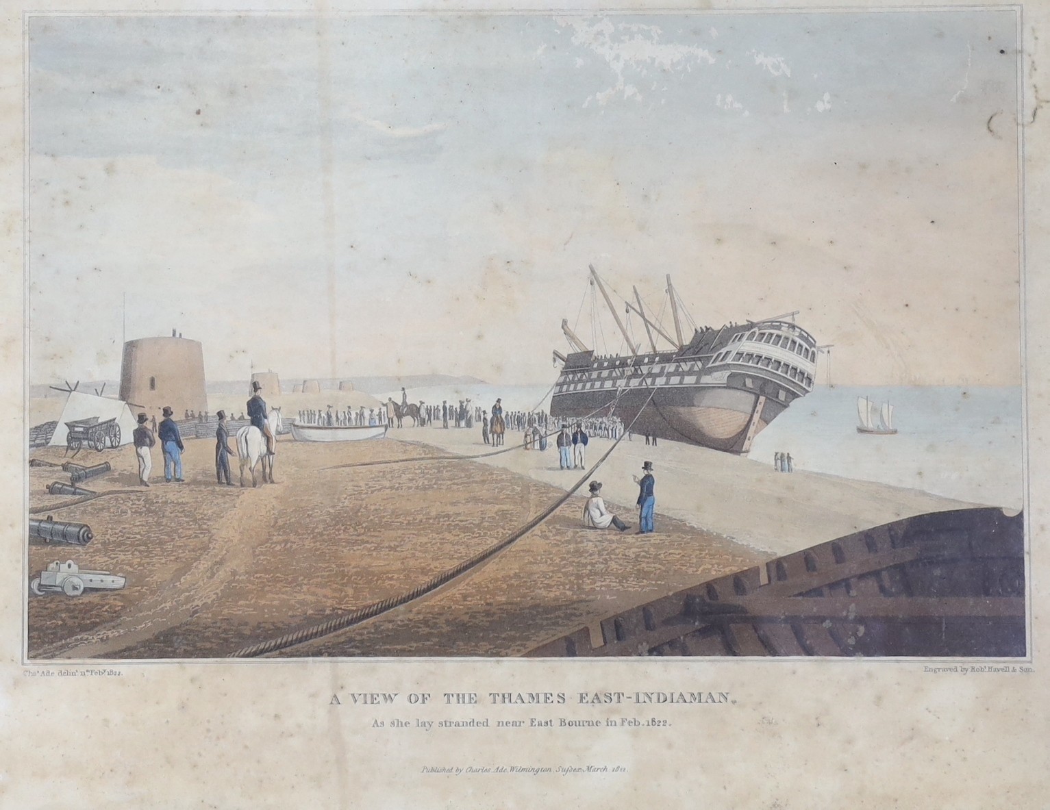 Two antique prints of Eastbourne; an engraving by Niven, 'East Bourn', 1793, 12 x 17cm and a 'View of The Thames East Indiamen stranded near East Bourne 1822', 27 x 35cm